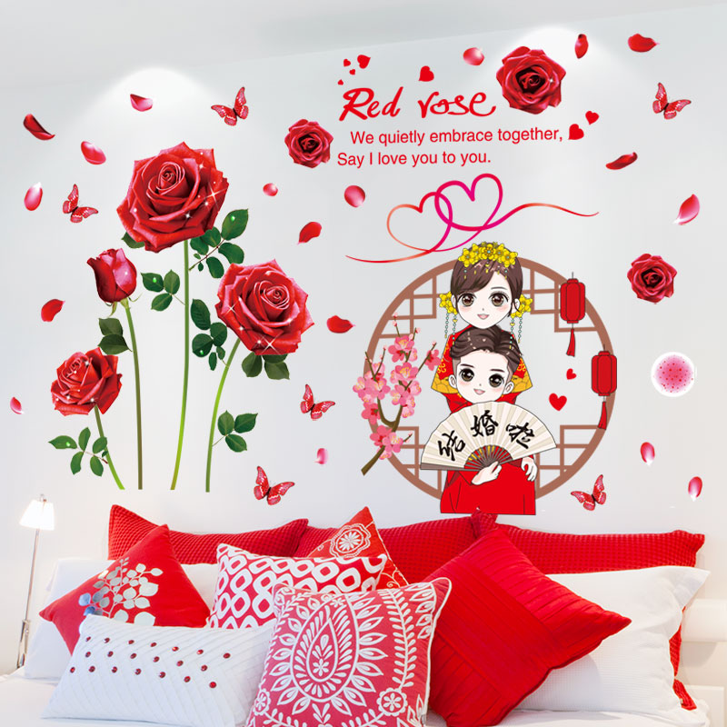 Wedding room 3D Solid wall Sticker Bedroom Cozy Wall Deco with Wedding Room Bedside Wall Flowers Self-Glued Wallpaper