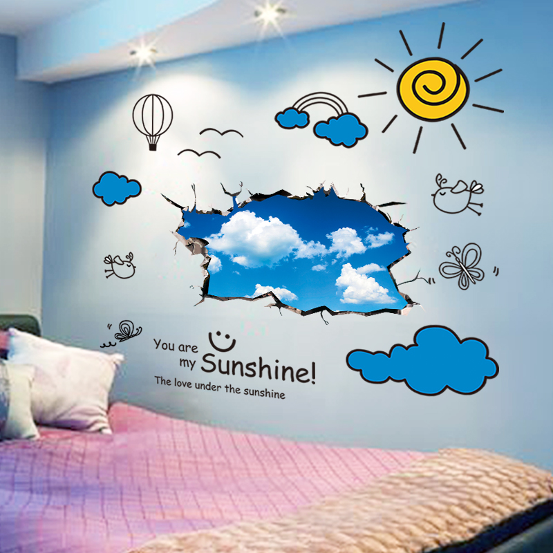 3D three-dimensional wall sticker blue sky and white clouds boy wall painting room poster wallpaper creative personality self-adhesive wallpaper