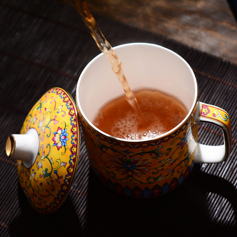 Jingdezhen ceramic cups with cover home office gift colored enamel glaze color tea cups water glass palace tea sets