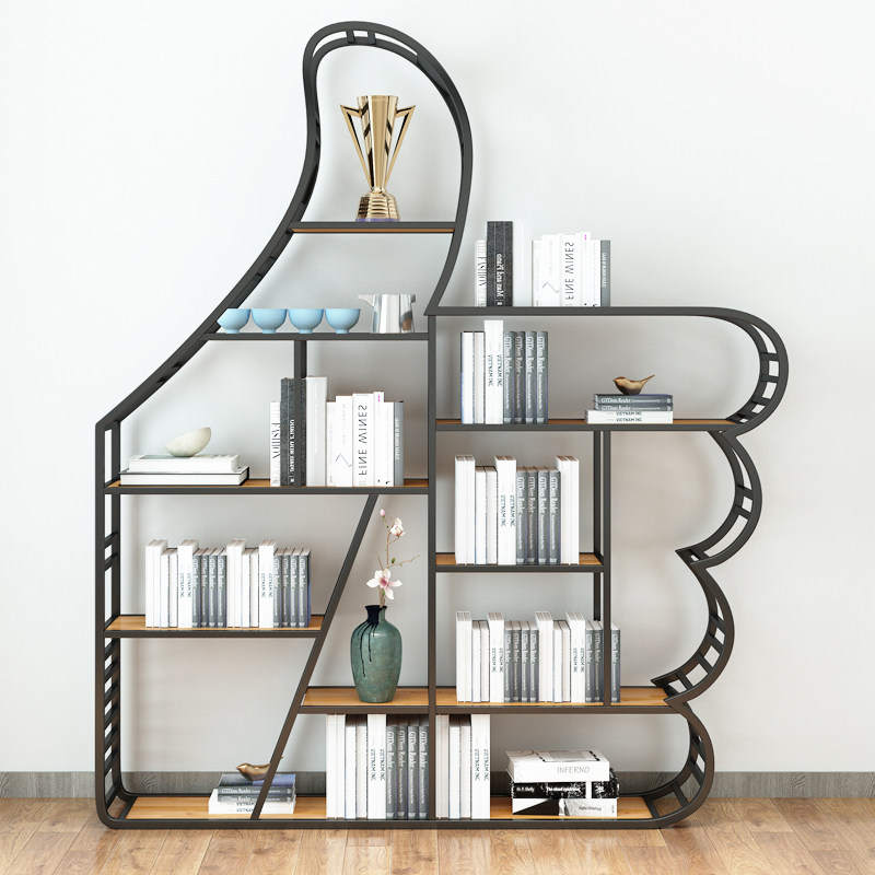 Wrought iron solid wood bookshelf shelf simple study creative art landing children's Nordic bookcase office