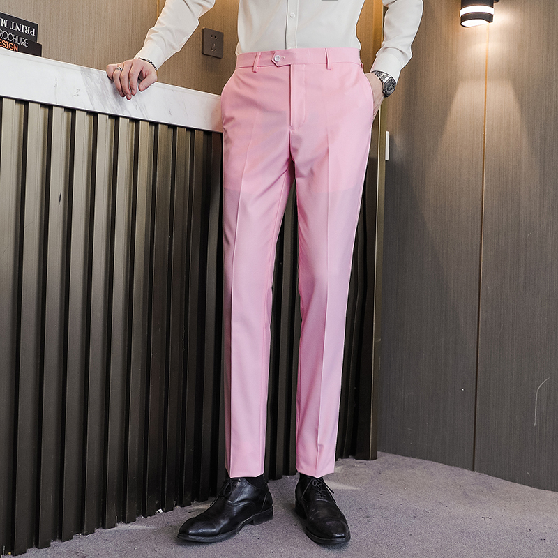 Spring Men's Suit Pants, Large Size, Slim Fit, Straight-Leg, Solid Color Trousers, Casual Everyday Pants, Groom Wedding Pink Dress Pants