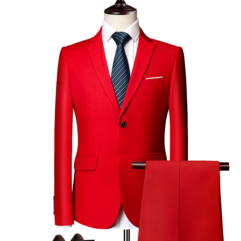 Business Casual Suit Set Men's Suit Bright Red Festival Performance Outfit Host Two-Piece Set Jacket and Trousers