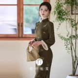 Ретро зеленое удерживающее тепло бархатное зимнее легкое ципао, китайский стиль, светлый стиль