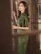 Dark green jacquard satin inverted large sleeve late Qing cheongsam for women 2024 summer retro republic of China style improved dress temperament