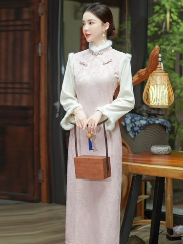 Розовое флисовое ципао, ретро свадебное платье, комплект, китайский стиль