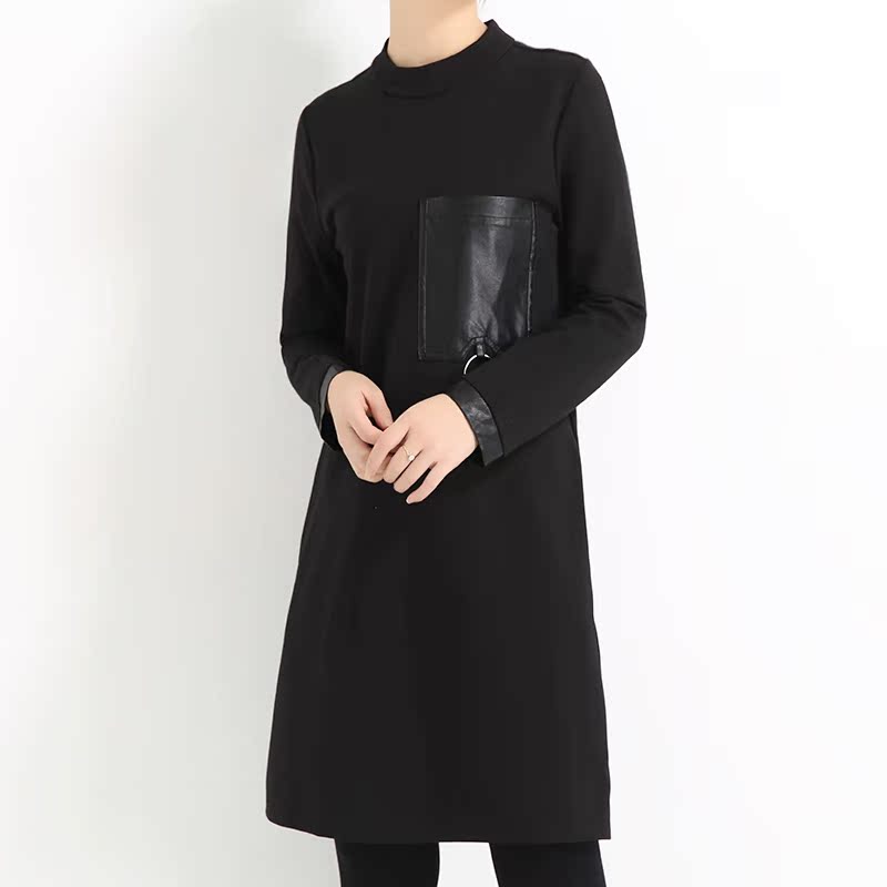水沐森设计师款商场好品质客供加厚针织罗马布连衣裙秋冬长袖黑色