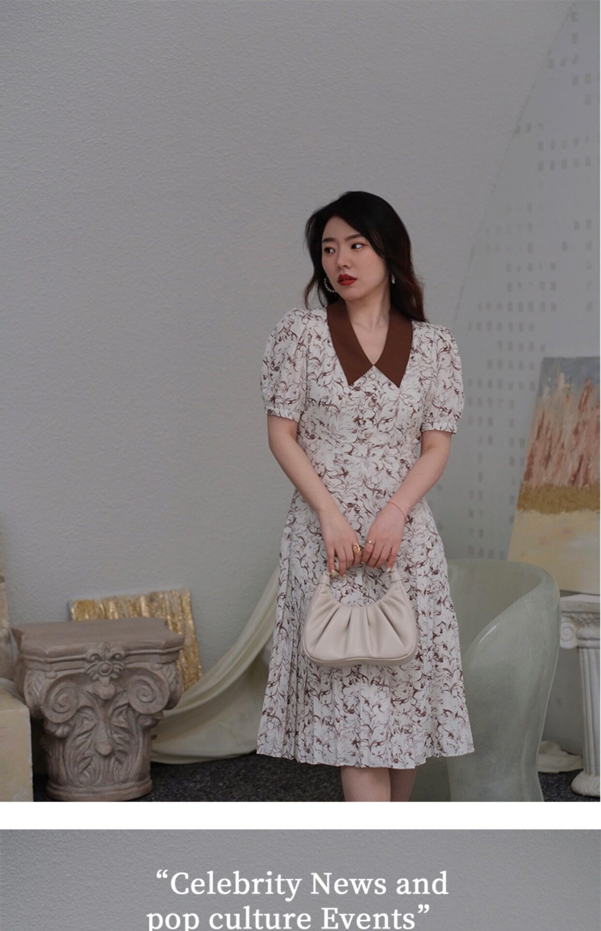 JML姜麦粒 法式复古百褶水墨连衣裙长款高腰碎花V领显瘦茶歇裙夏详情29