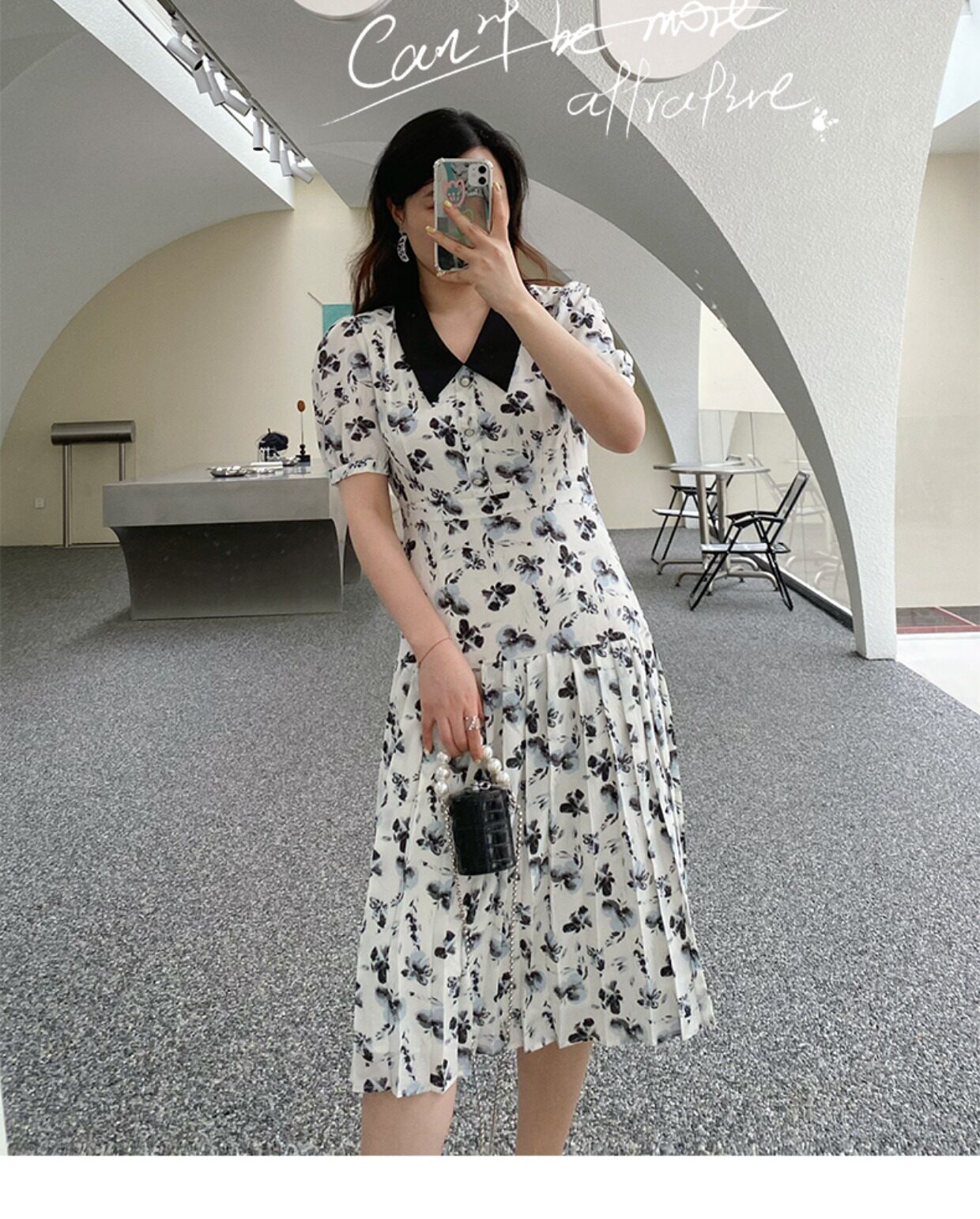 JML姜麦粒 法式复古百褶水墨连衣裙长款高腰碎花V领显瘦茶歇裙夏详情17