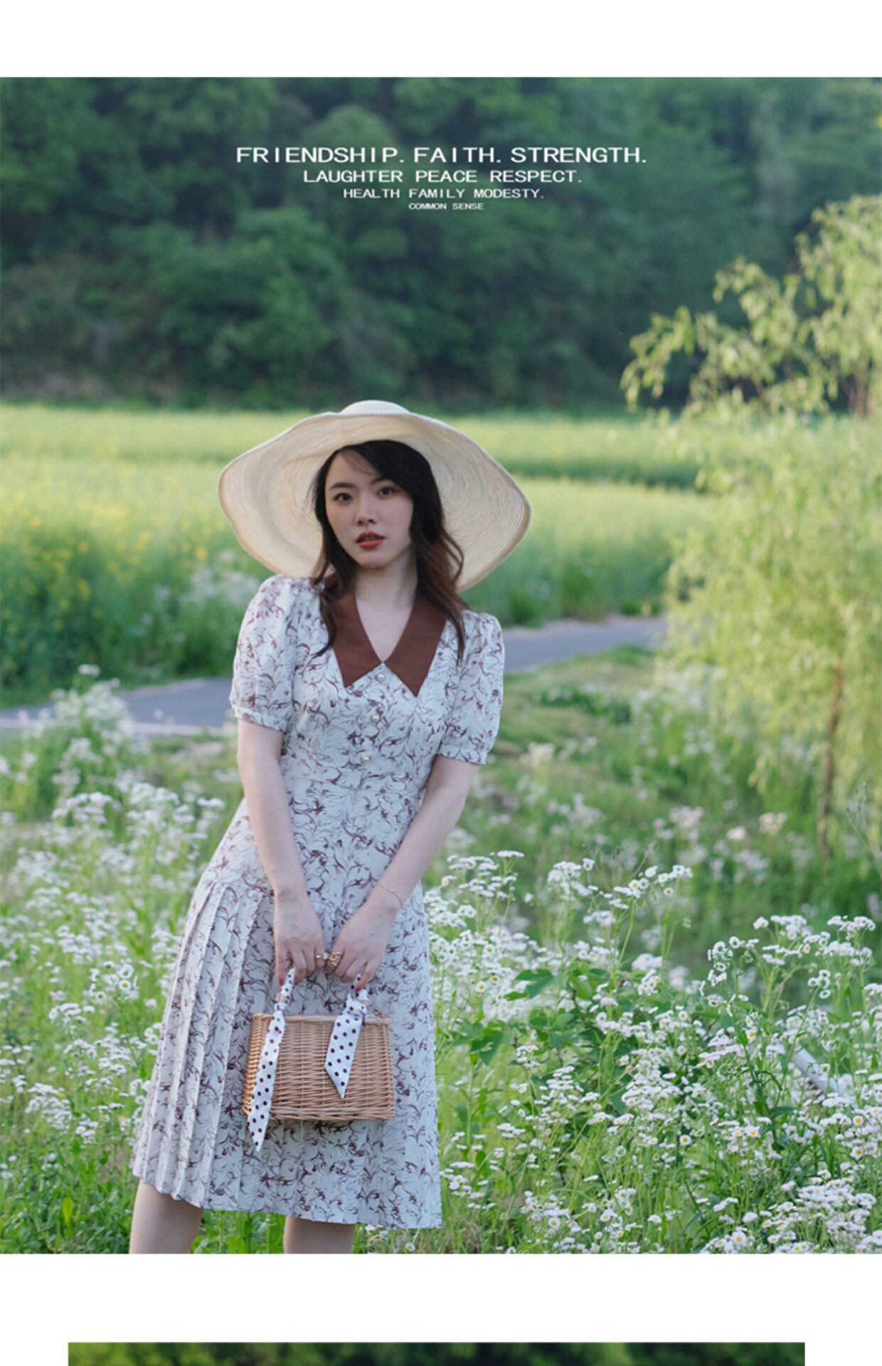 JML姜麦粒 法式复古百褶水墨连衣裙长款高腰碎花V领显瘦茶歇裙夏详情40