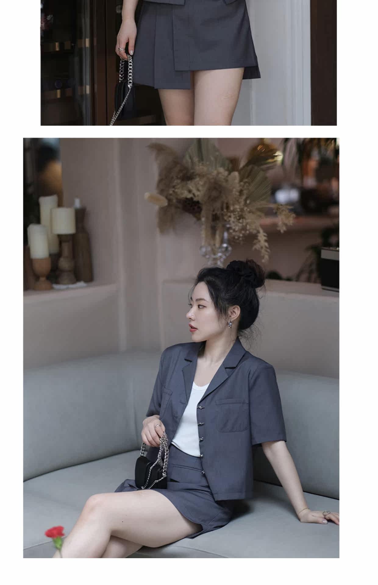 JML Ginger grain grey short-sleeved small suit set, asymmetrical culopants for commuting, single-breasted solid color, summer loose pic 9