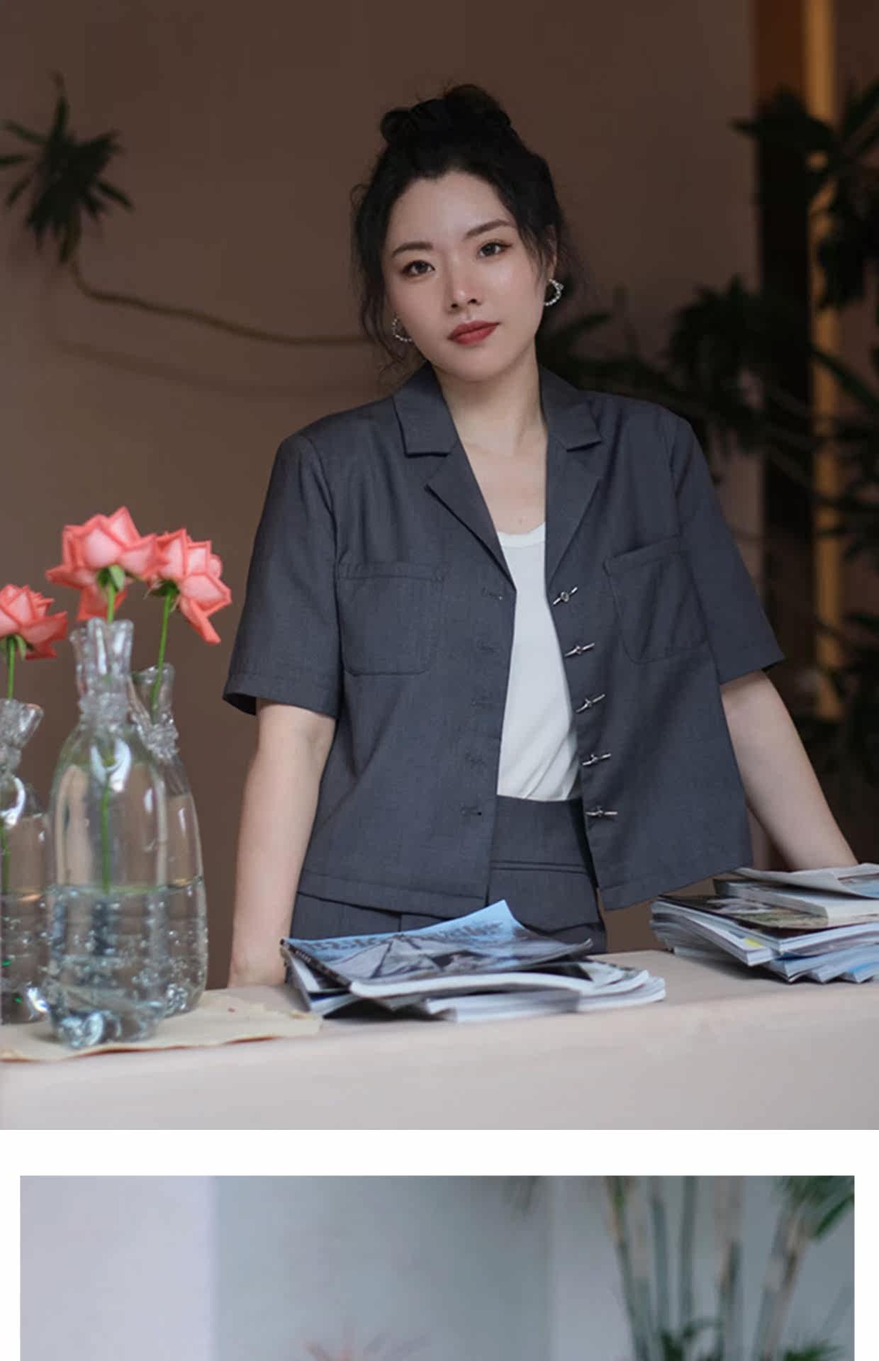 JML Ginger grain grey short-sleeved small suit set, asymmetrical culopants for commuting, single-breasted solid color, summer loose pic 11