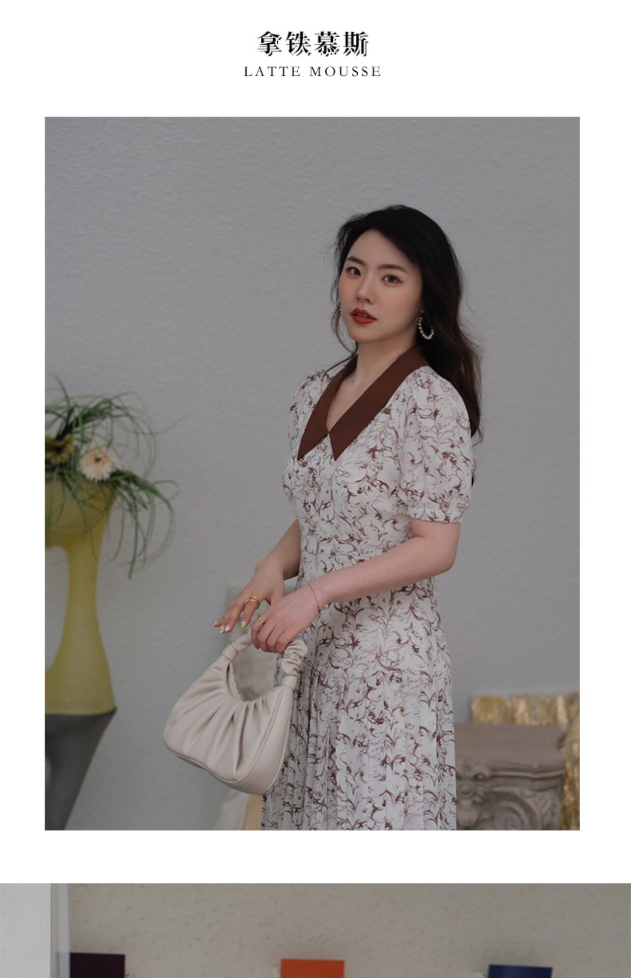 JML姜麦粒 法式复古百褶水墨连衣裙长款高腰碎花V领显瘦茶歇裙夏详情25