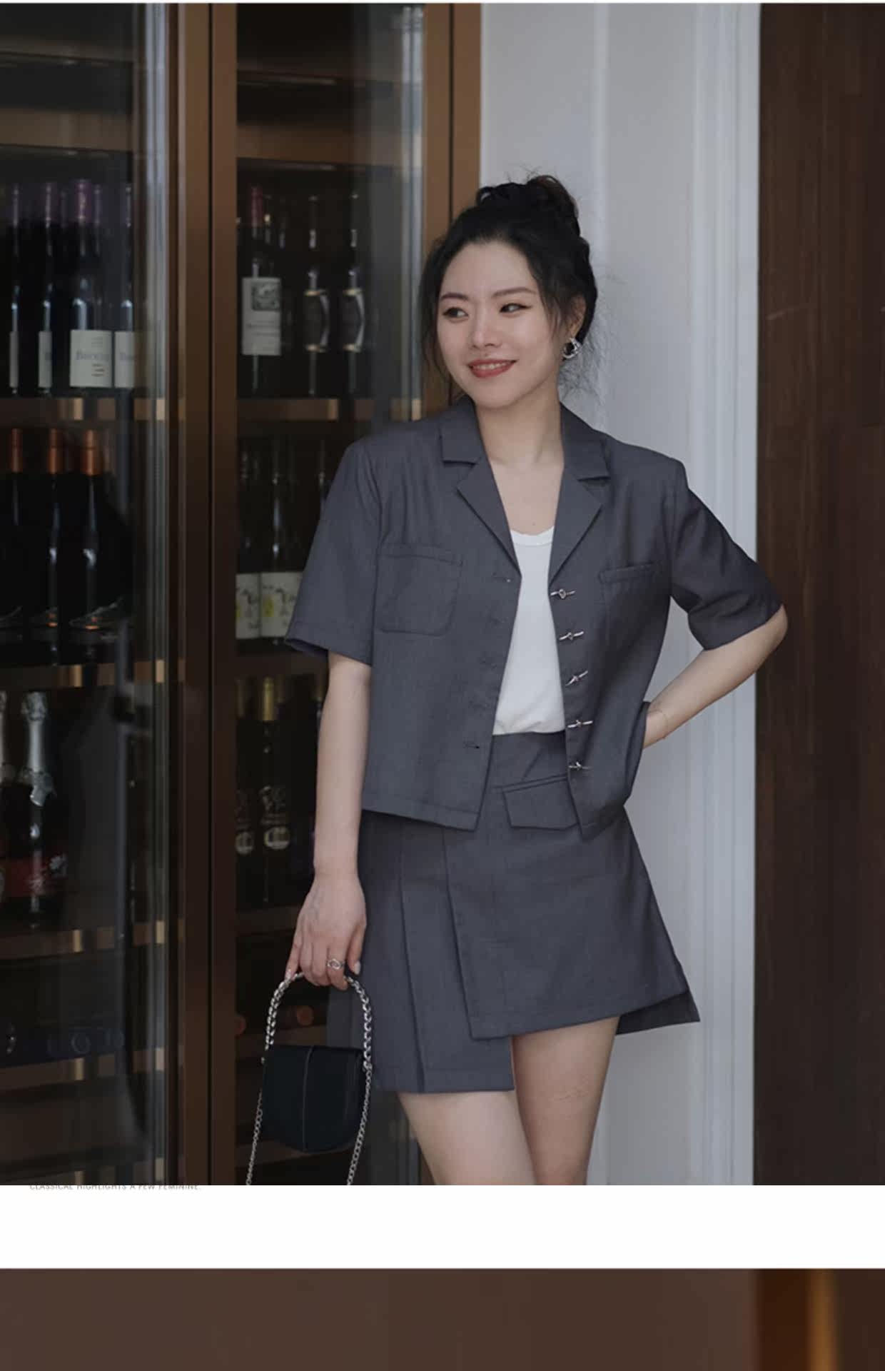 JML Ginger grain grey short-sleeved small suit set, asymmetrical culopants for commuting, single-breasted solid color, summer loose pic 10