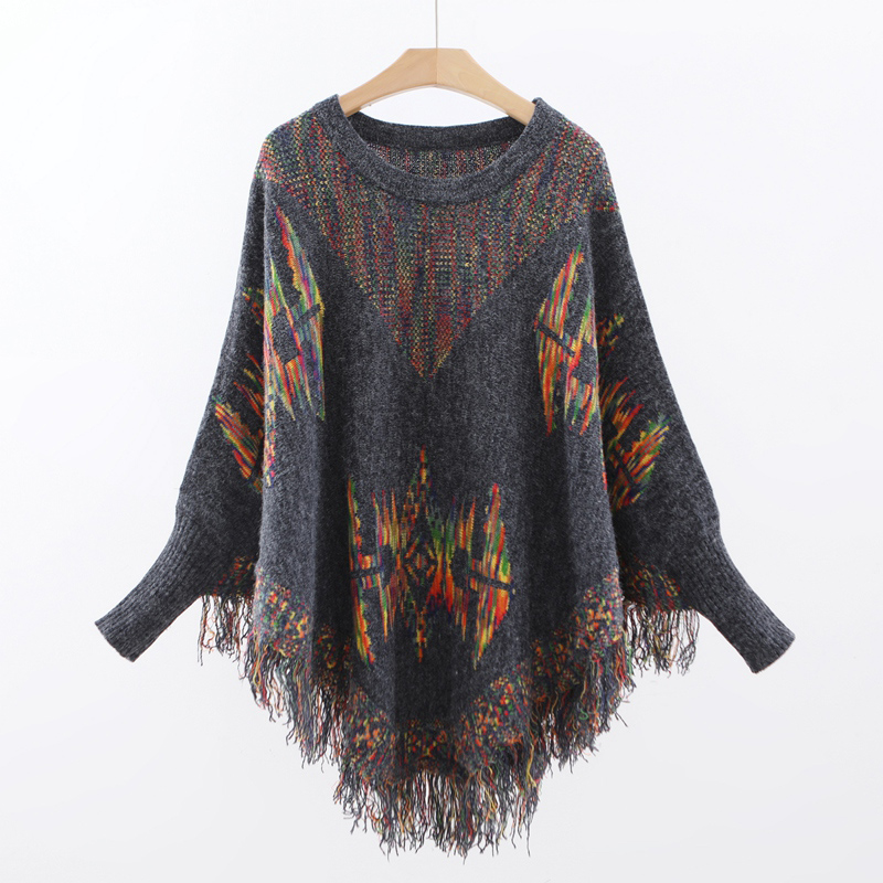 Shawl women's spring and Autumn irregular color loose pullover cape-style jacket hem tassel sweater Bat sweater