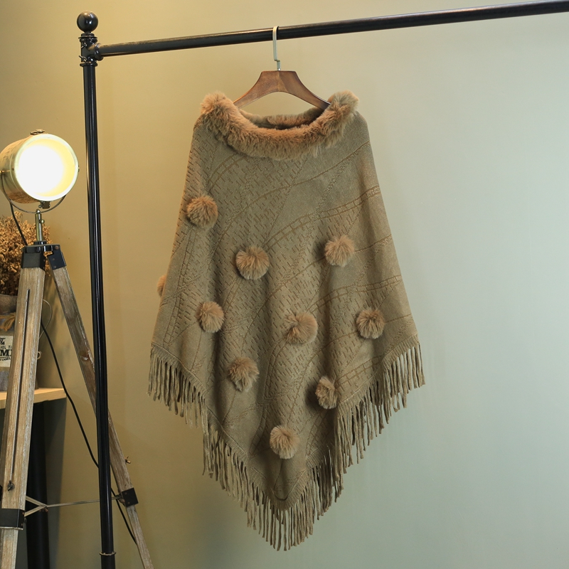 Large size fringed shawl cape coat women's autumn and winter sweater new round neck mid-length solid color knitted sweater