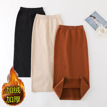 2021 autumn and winter vintage solid color slim slim long non-split skirt high waisted knitted hip hip skirt women