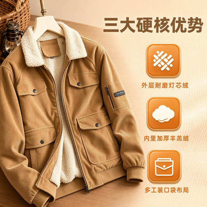 Men's Winter Corduroy Work Jacket with Large Pockets, Lapel Collar, Fleece Lining, Thickened Cotton Coat Men's Winter Corduroy Work Jacket with Large Pockets, Lapel Collar, Fleece Lining, Thickened Cotton Coat