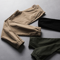 Day single mens casual cotton trousers drawstring pants slim solid color elastic waist drawstring tie pants Harlem pants mens tide