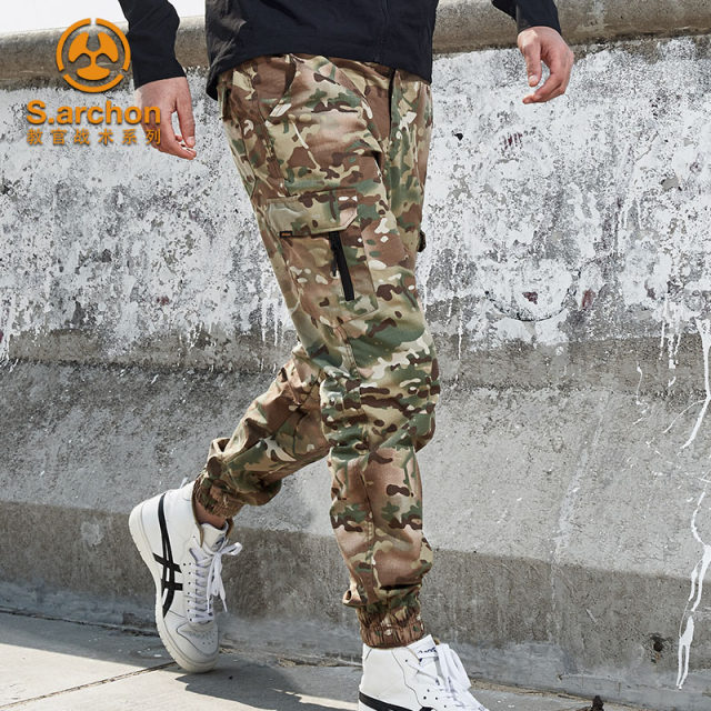 Instructor spring and autumn camouflage tactical trousers men's slim fit leggings multi-pocket military fan training pants waterproof overalls