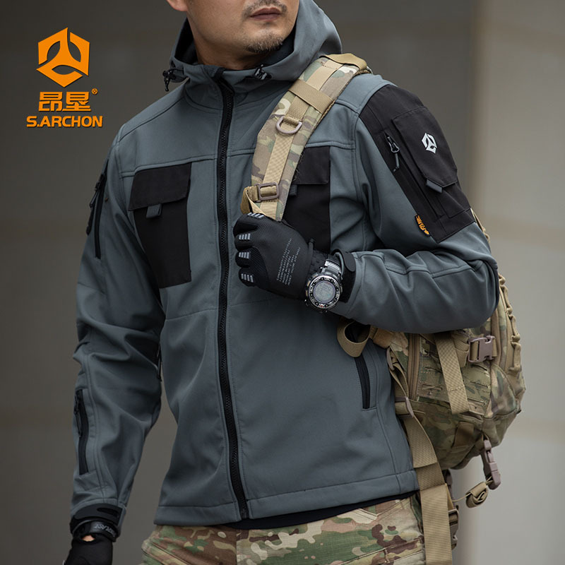 Angken Autumn and Winter Beetle Tactical Jacket Men's Thickened Warm Jacket Outdoor Military Fan Waterproof Soft Shell Jacket