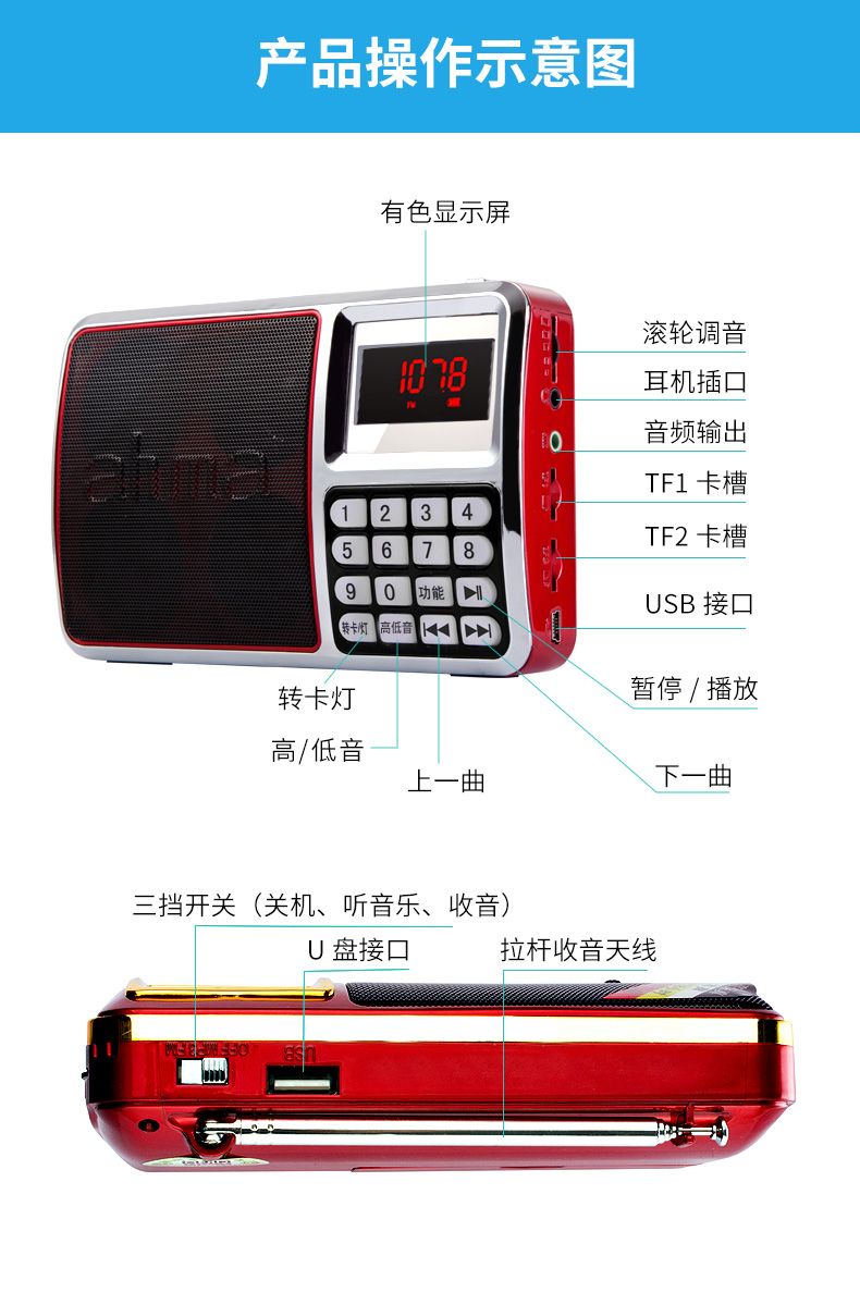 máy nghe nhạc samsung Ahma 818 ông già đài phát thanh mp3 xách tay loa U đĩa sạc người già Walkman player - Máy nghe nhạc mp3 máy nghe nhạc walkman