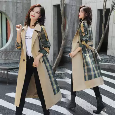 Trench coat women's knee long version autumn popular Korean version loose plaid stitching jacket long sleeve autumn 2019