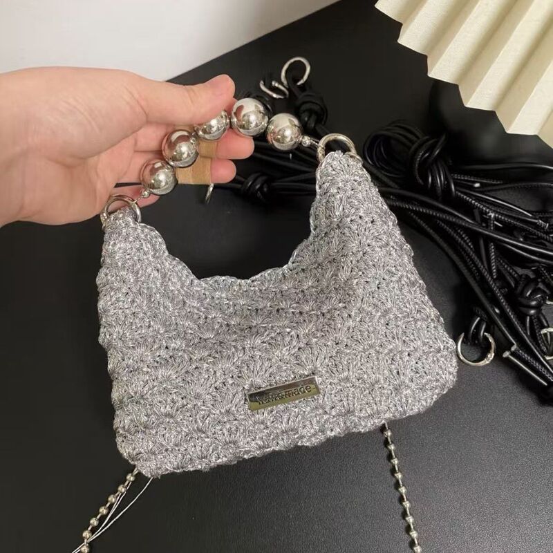 Summer Moonlight Silver Core Yarn Silver Thread Dumpling Bag Handmade Knitting Silver DIY Material Same Style Single Shoulder Crossbody Bag Summer Moonlight Silver Core Yarn Silver Thread Dumpling Bag Handmade Knitting Silver DIY Material Same Style Single Shoulder Crossbody Bag