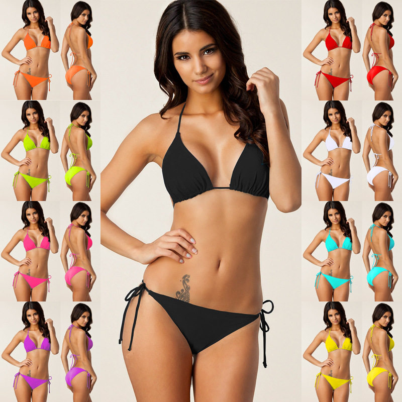 Pure-coloured hanging neck bodybuilding bikini race suit swimsuit women's three-point style bikini European and American big code fat mm200 catty-Taobao
