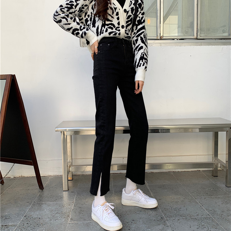 2021 new large size spring loading side opening fork black jeans female high waist loose and fat mm display slim 90% straight cylinder pants