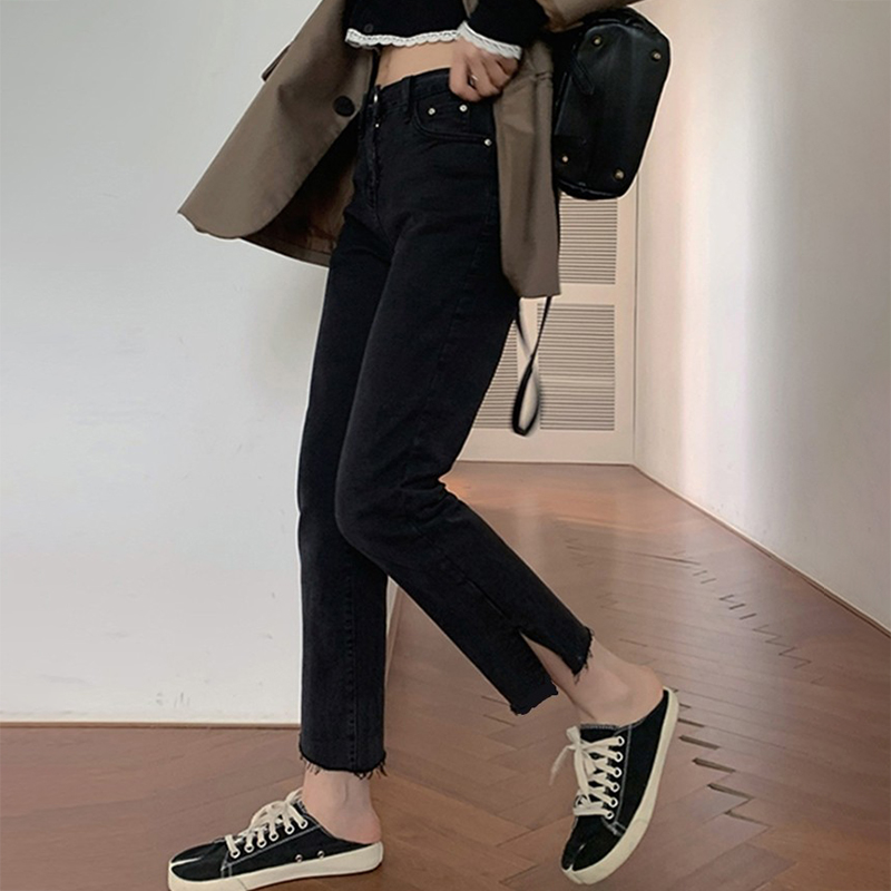Autumn large size black straight jeans fat mm thin slit pants female fat sister loose high waist nine pants