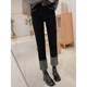 Pear-shaped body pants women's large size high waist thin black jeans women's fat sister mm splicing straight cigarette pipe pants