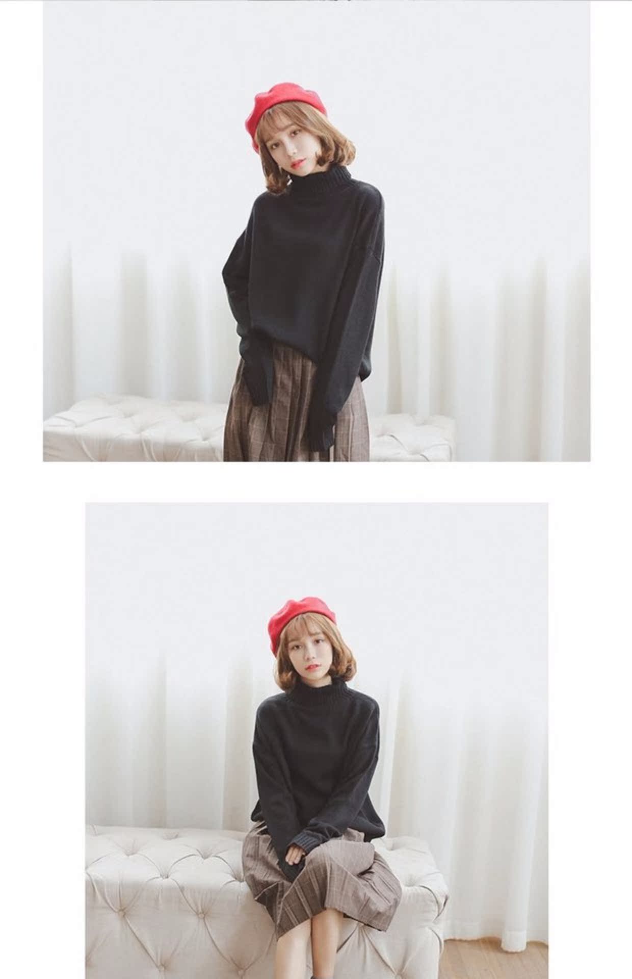 Phiên bản Hàn Quốc của ulzzang retro khí chất rắn màu cao cổ áo rộng mỏng tay áo bat hoang dã tay áo dài áo thun nữ áo kiểu nữ đẹp tuổi 35