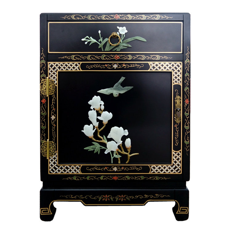 Lacquer Art Bone Stone Inlaid Flower Bird Single Door Pumping Bed Head Cabinet Custom Yangzhou Lacquer Ware New Chinese Vintage Residence Decoration