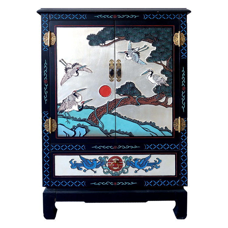 Yangzhou Lacquer Ware Engraved Lacquer Silver Ground Pine Crane Entrance Decoration Cabinet Shoe Cabinet Lacquer Art Home New Chinese Classical Solid Wood Furniture