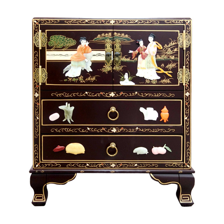Lacquer bone stone inlaid character multi-color double door double draw bedside decorative cabinet Yangzhou lacquer art solid wood classical furniture