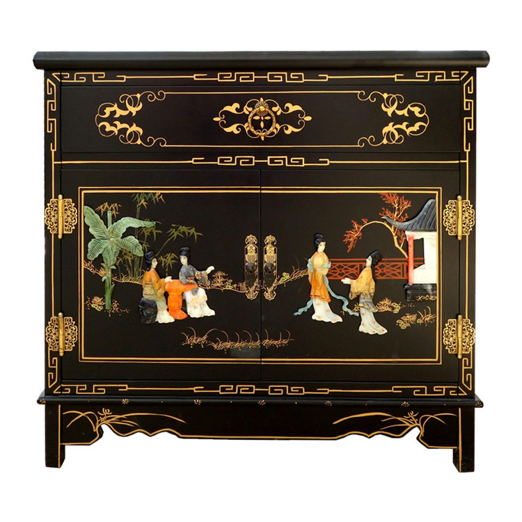 Lacquer Bone Stone Inlay Character Double Door One Pumping Bed Head Cabinet Yangzhou Lacquer Art Studio Solid Wood New Vintage Furniture