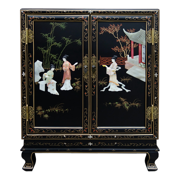 Lacquer art bone stone inlaid double door porch decorative cabinet custom Yangzhou lacquerware new Chinese classical home solid wood furniture