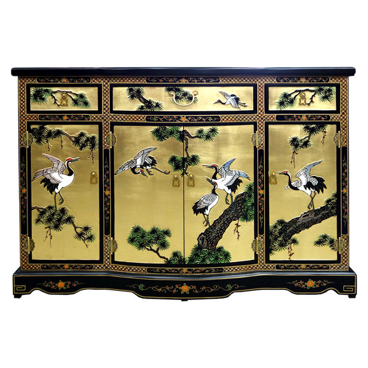 Lacquer Art Home Engraving Gold Ground Truffle Crane Four Doors Three Pumping Genguan Decoration Cabinet Yangzhou Lacquer New Classical Solid Wood Furniture