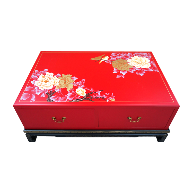 Lacquer art red painted multi-color double-drawing coffee table Yangzhou lacquerware new Chinese classical home decoration solid wood furniture