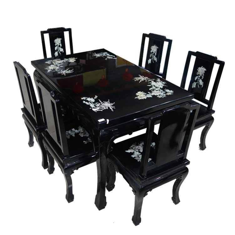 Lacquer art shell inlaid snail dining table and chairs for six people Yangzhou lacquerware neoclassical home decoration solid wood furniture - Taobao