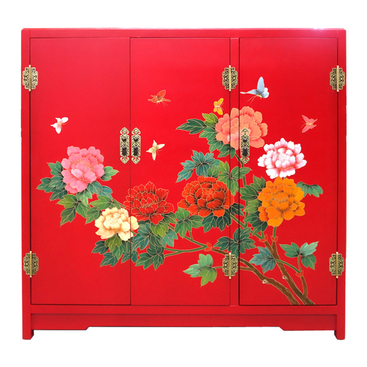 Lacquer Art Color Painted Flowers Birds Double Doors Three Doors Decorated Shoes Cabinet Wardrobe Custom Yangzhou Lacquer Ware New Chinese Solid Wood Furniture