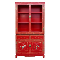 Yangzhou Lacquer Bone Stone Inlay Red Ground Double Section Display Solid Wood Bookcase Custom New Chinese Lacquer Art Home Decoration