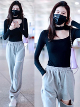 He Sui star with black hollow slim slim base shirt tight knit T-shirt women autumn small high collar