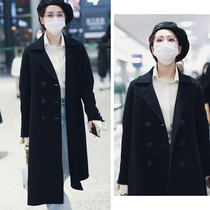 Liu Shishi star same black suit collar wool jacket autumn and winter double breasted medium long woolen coat