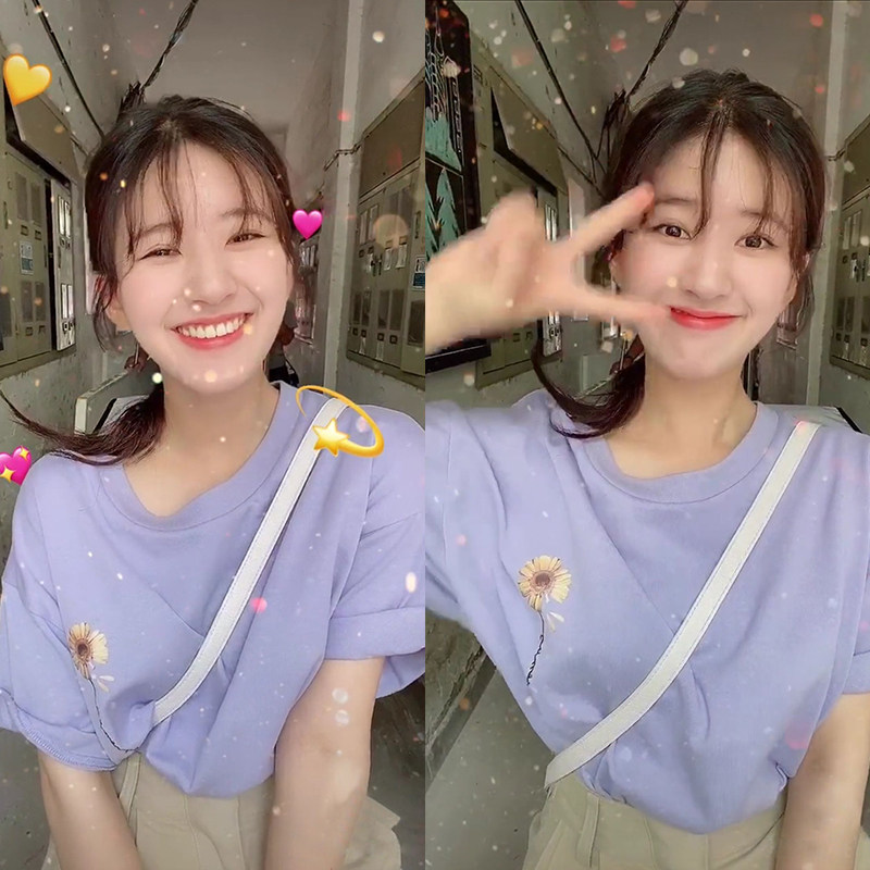 One careless pick up to love Zhao Ruth Gu with peace of mind Tongan version Loose Cilanta Purple Pure Cotton Short Sleeve T-shirt Woman