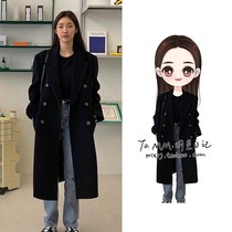 Che Jingyuan same black wool coat double breasted medium long woolen Korean version thick coat women autumn and winter New