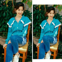 Mao Xiaotong with French V-neck blue knitwear sweater female retro lapel ruffle button cardigan autumn