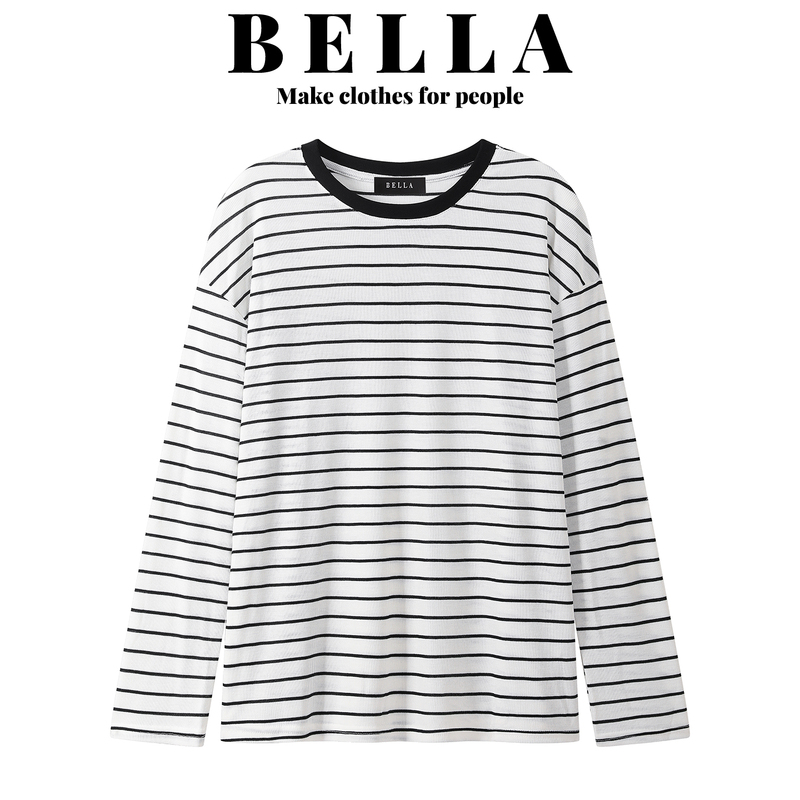 Bella Color-Blocked Black and White Striped Round Neck Long-Sleeve T-Shirt for Women, Autumn Casual Loose-Fit Base Layer Top Bella Color-Blocked Black and White Striped Round Neck Long-Sleeve T-Shirt for Women, Autumn Casual Loose-Fit Base Layer Top