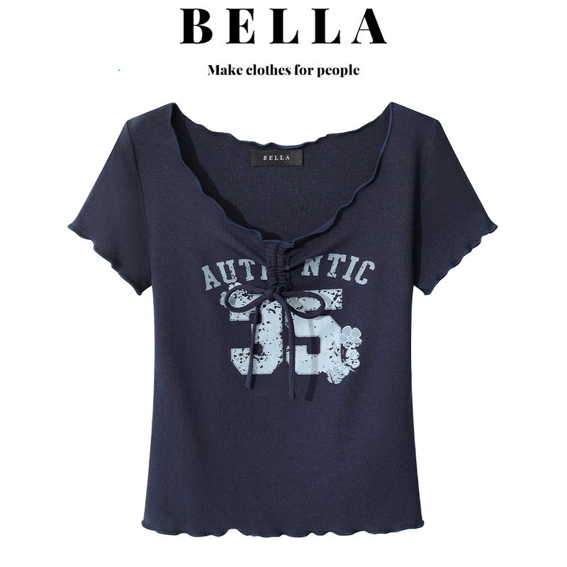 Bella American Retro Letter Print Ruffled V-Neck Regular Shoulder Short-Sleeve T-Shirt for Women, Summer Slim-Fit Short Top Bella American Retro Letter Print Ruffled V-Neck Regular Shoulder Short-Sleeve T-Shirt for Women, Summer Slim-Fit Short Top