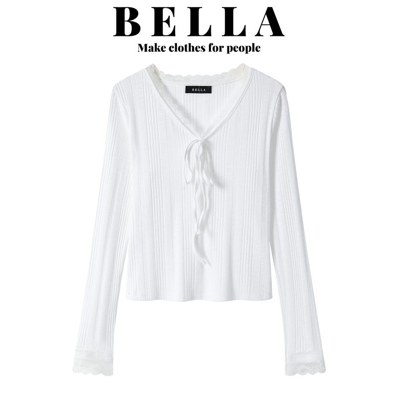 Bella White Lace V-Neck Base Shirt for Women, Suitable for Layering in Autumn and Winter, with a Textured Design and Long Sleeves